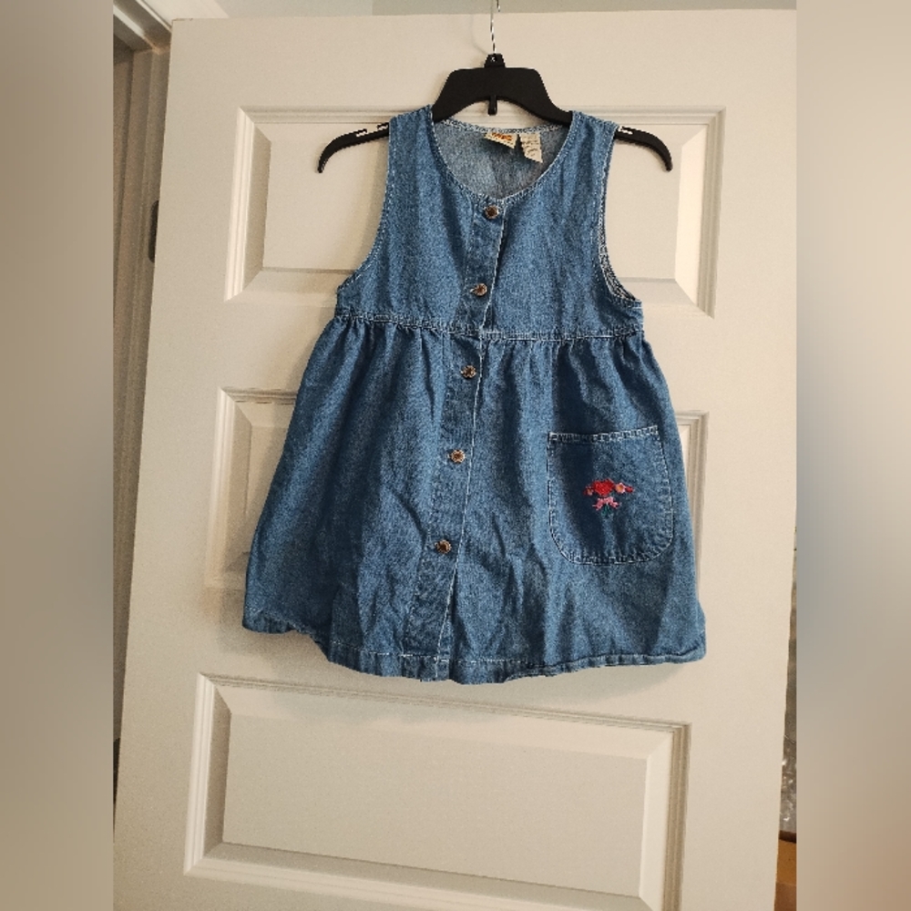 Vintage 90s Denim Button-Front Toddler Dress with Pocket Embroidery - Blue